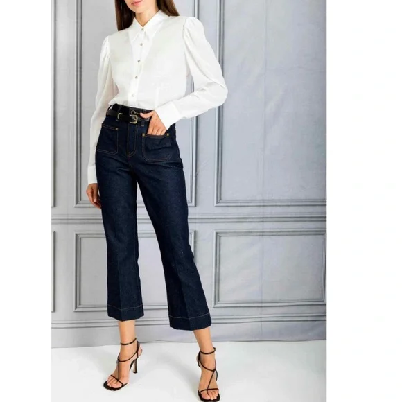 KHAITE Raquel Dark Patch Pocket Blue Flare Crop Jeans 25 - Picture 2 of 11